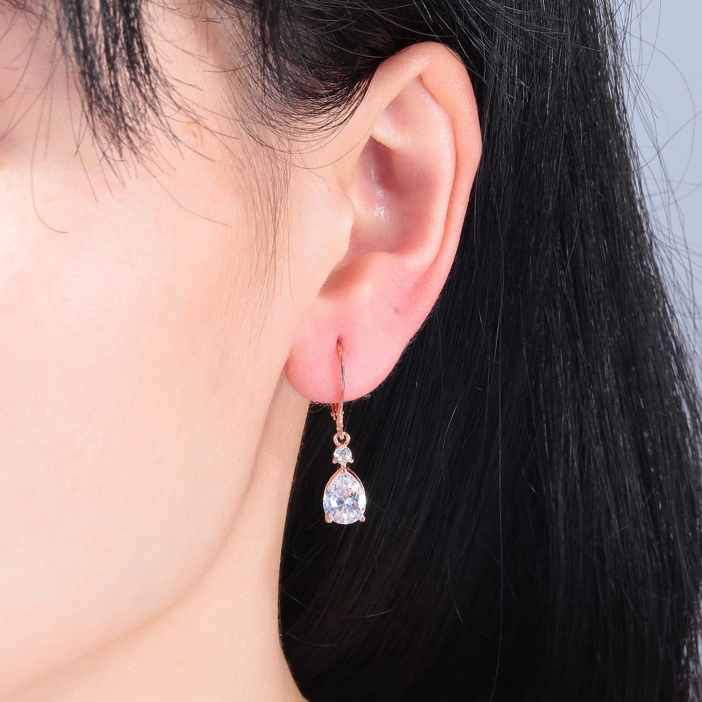 CiNily Leverback Dangle Earrings for Women 14K Rose Gold Plated Drop Earrings White Cubic Zircon Fashion Teardrop Hoop Earrings Hypoallergenic Jewelry for Her
