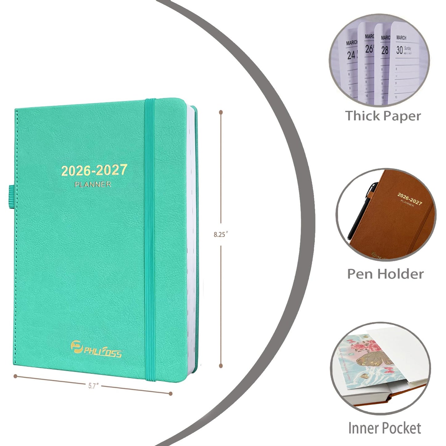 Daily Planner 2026-2027, One Page Per Day, Academic Calendar (July 2026 - June 2027), Appointment Book with Time Slots and Monthly Tabs, 5.7" x 8.25", Pocket, Leather Cove (Lake Green)