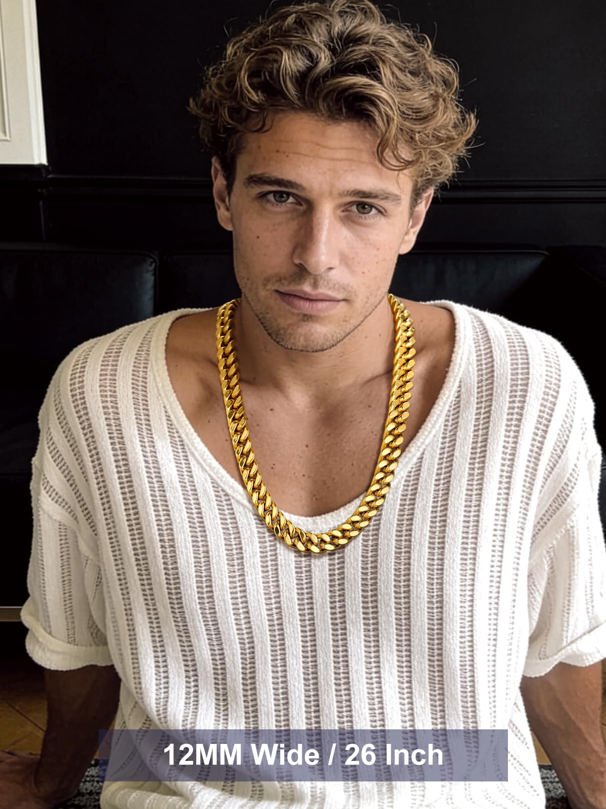 Bandmax Mens Stainless Steel Miami Chain Necklaces 26 Inch 12MM 14K Gold Plated Big Heavy Cuban Necklace Hip Hop Biker Chain Jewelry Gift for Husband Son Father