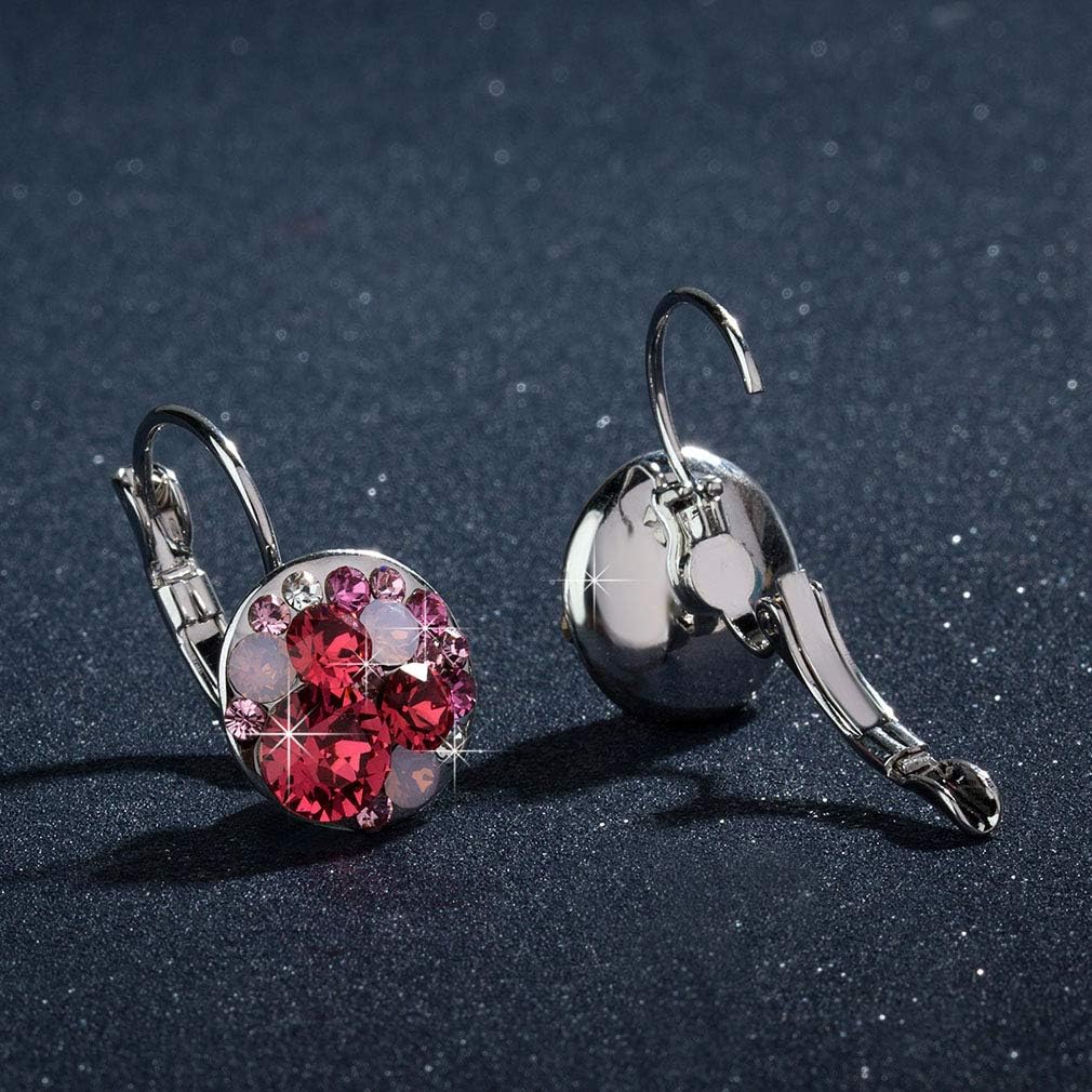 Multicolored Austrian Crystal Earrings for Women 14K Gold Plated Leverback Dangle Hoop Earrings (Pink Red Crystals/Silver-tone)
