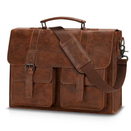 RAINSMORE Leather Messenger Bag for Men 15.6 Inch Vintage Laptop Bag Waterproof Briefcases for Men Computer Shoulder Bag Satchel for Work, Office, College, Business, Brown