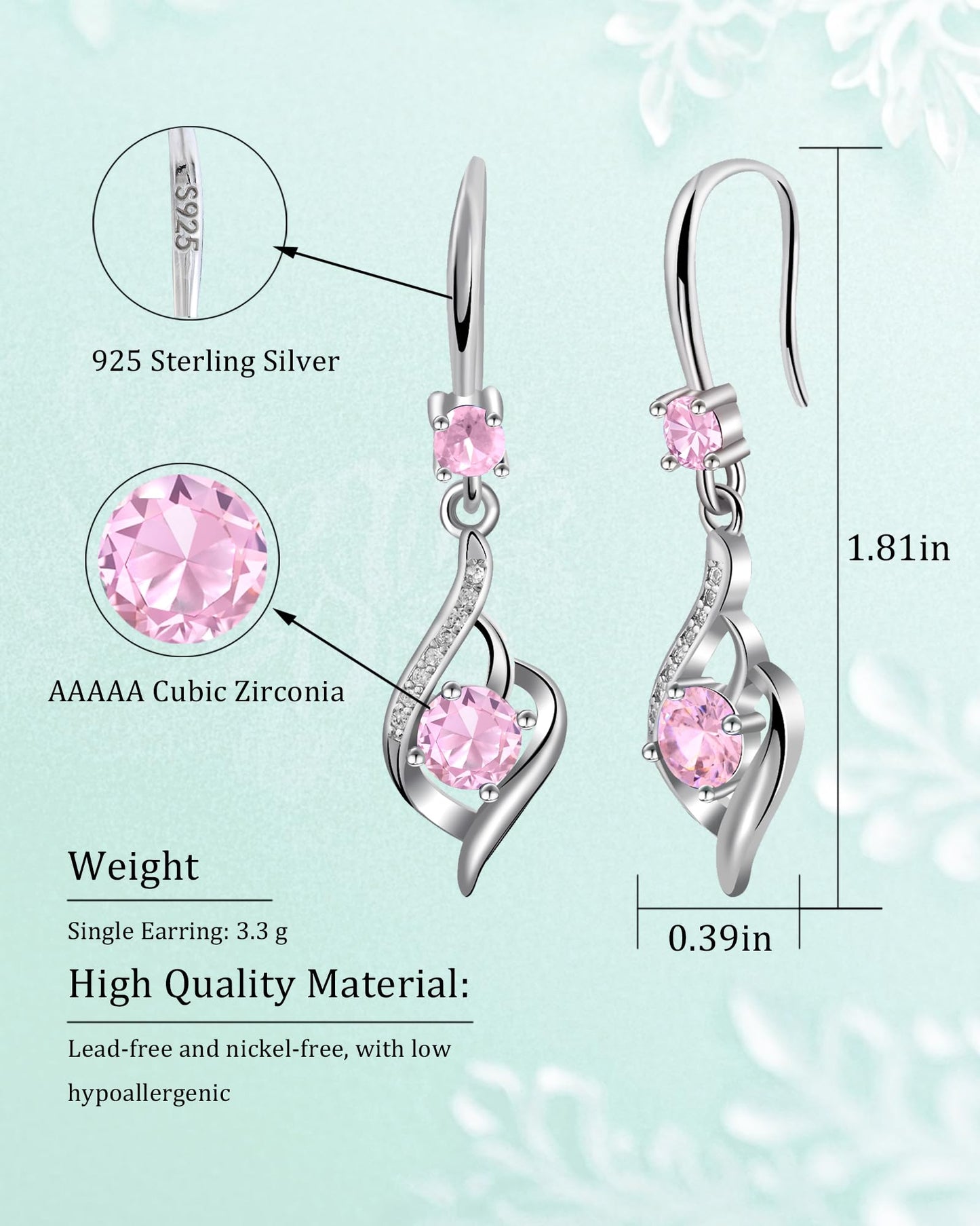 Heart Pink Drop Dangle Earrings-925 Sterling Silver with Pink Crystals-Long Birthstone Jewellery for Women