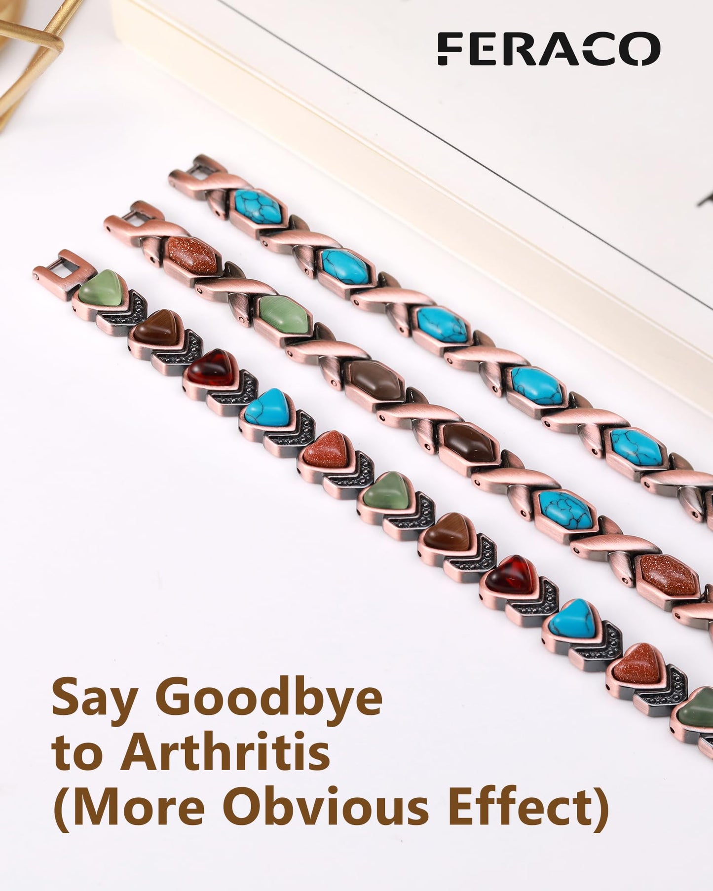 Feraco Copper Bracelet for Women-Pure Copper Magnetic Therapy Bracelets,Heart-shaped Natural Turquoise Gem Magnetic Bracelets,Upgraded Version-3800 Gauss Effective Magnet-Bangle Gifts for Women