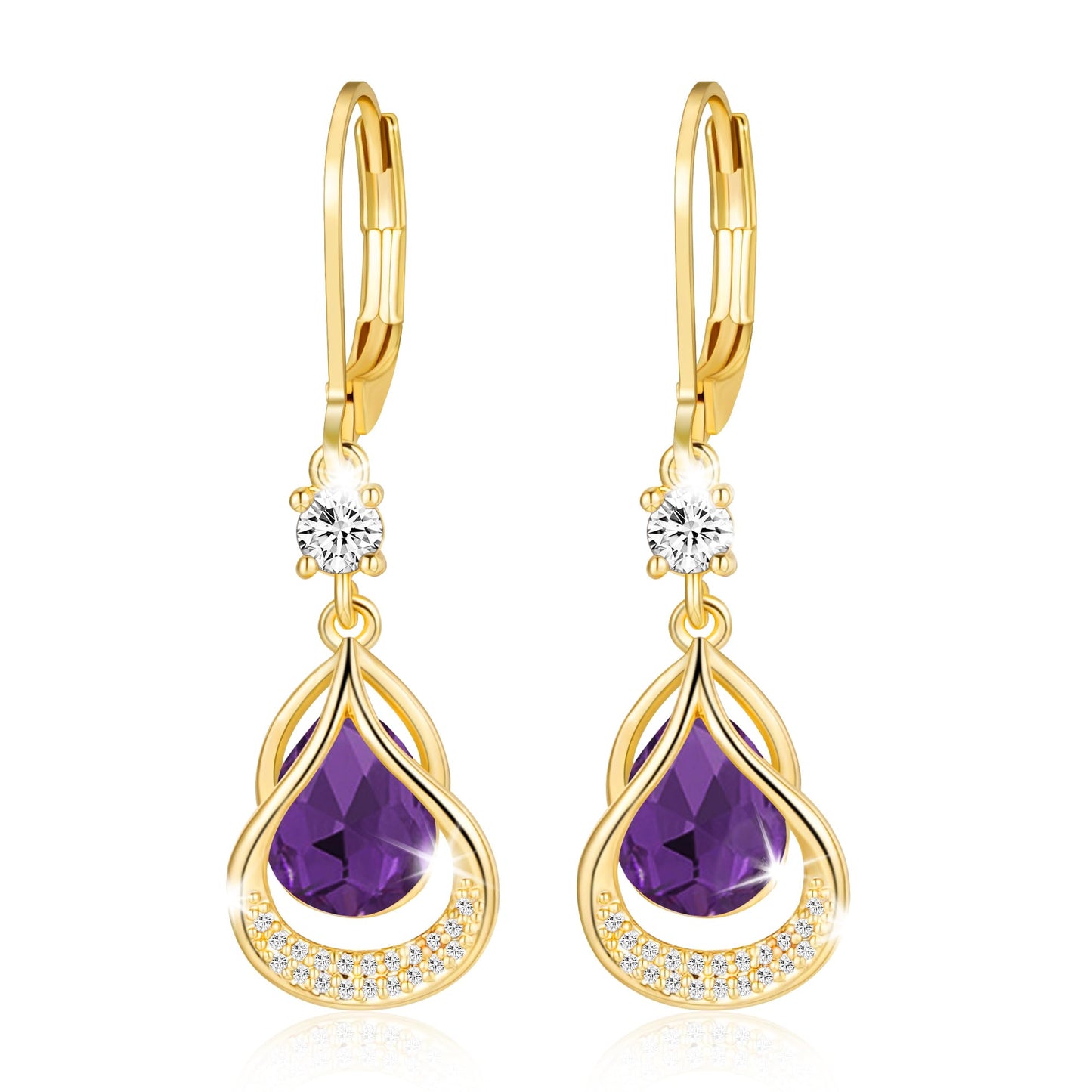Dangle Trendy Leverback Birthstone Earrings 14K Gold Plated Teardrop Dangle Earrings Jewelry Christmas Birthday Gifts for Women (Gold February)