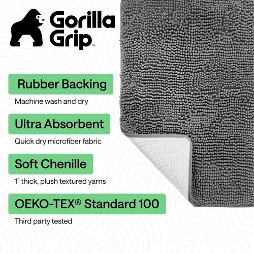 GORILLA GRIP Bath Rug Mat - Thick Soft Absorbent Chenille | Quick-Dry Microfiber, 60x24, Grey