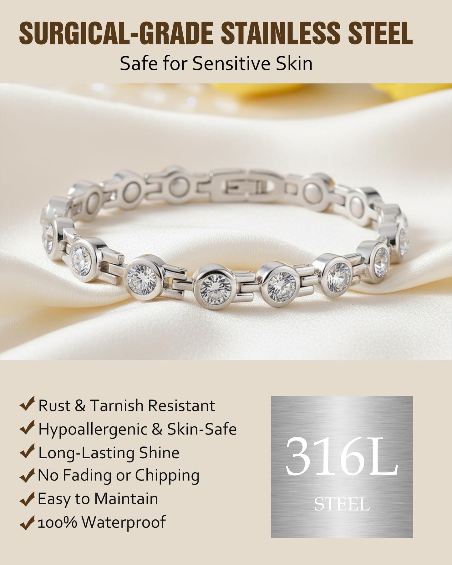 Jecanori Magnetic Bracelets for Women, Stainless Steel Magnetic Bracelet with Neodymium Magnets & Sparkling Crystals, Ideal Gifts