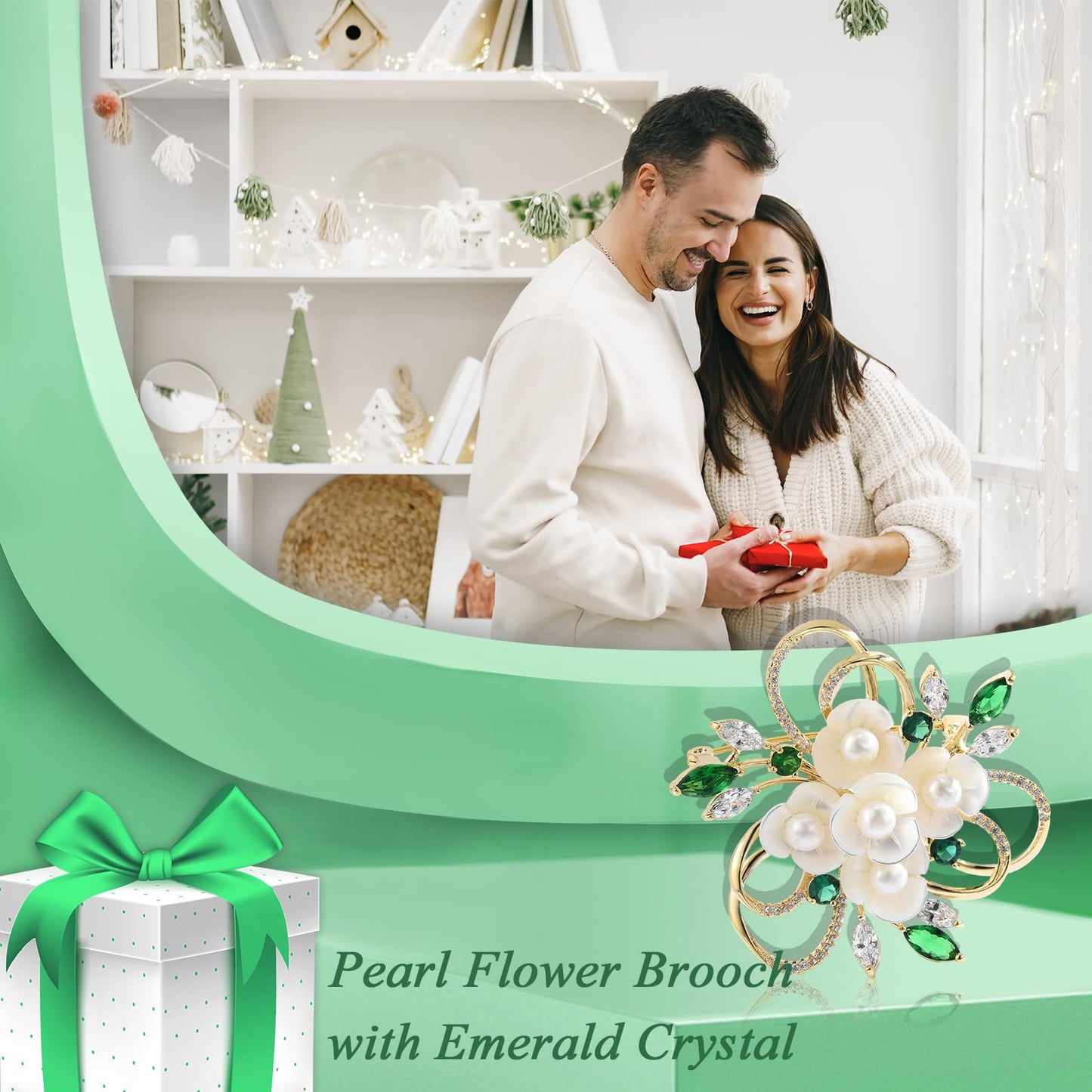 EMEGCY Pearl Flower Brooch for Women Mother's Day White Shell Flower Brooch Pin Floral Lapel Pin Emerald Crystal Leaf Jewelry Gifts for Wife Mom Bithday Wedding