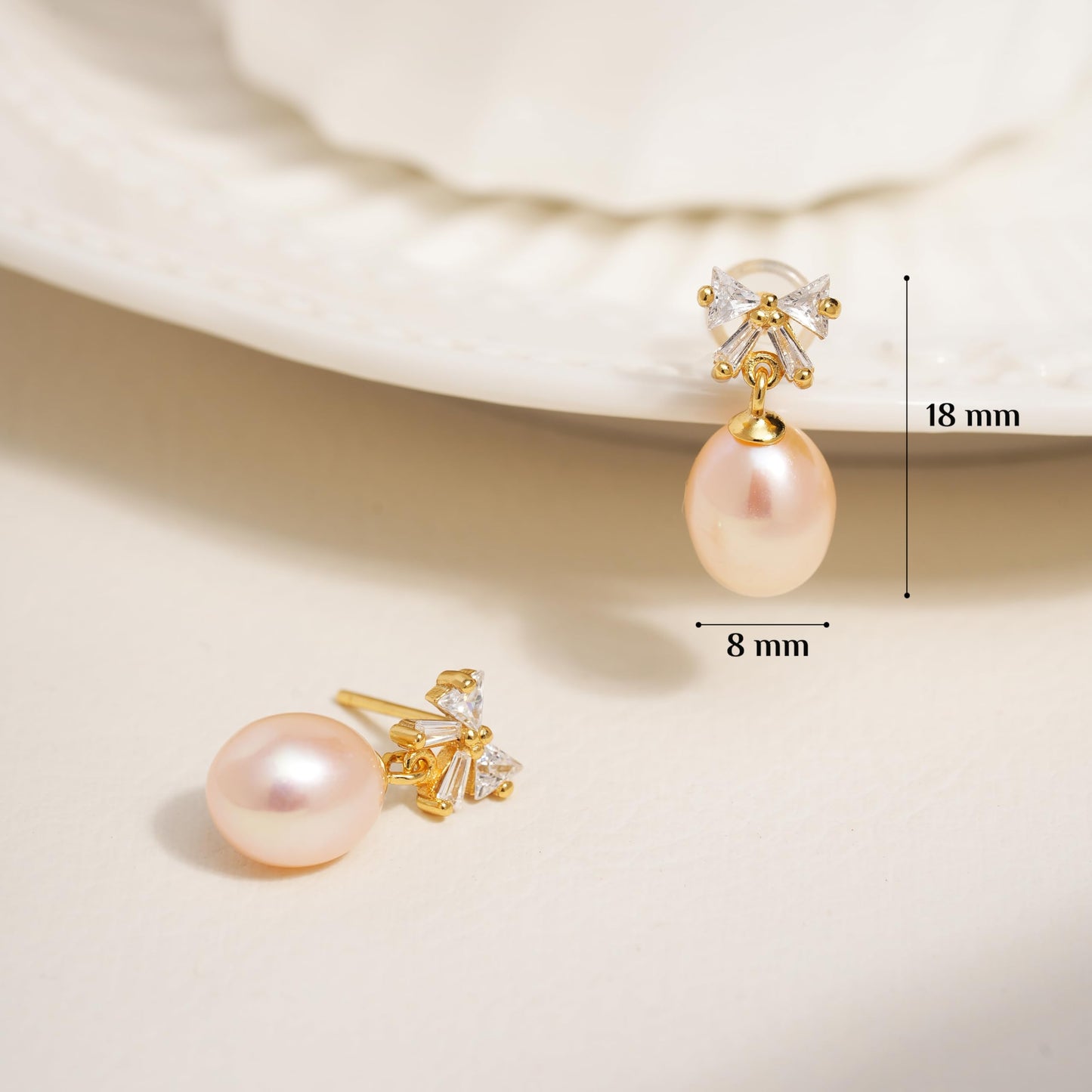 Pearl Drop Earrings for Women, Gold Plated & 925 Sterling Silver, Pink & White Dangle Earrings, Dainty Cute Elegant Bridal Wedding Gift for Her | Christmas Gift for Women (Gold Bow Pink Pearl)