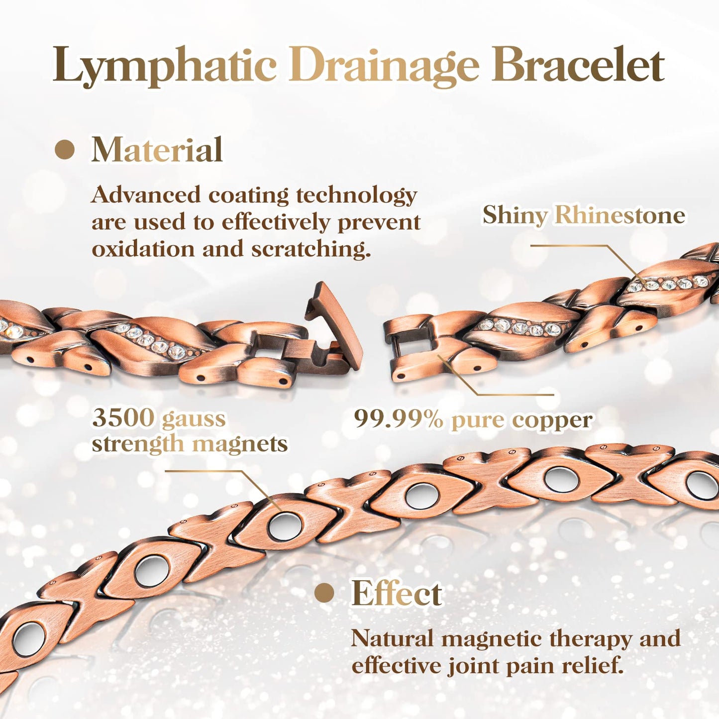 Copper Bracelets for Women, Magnetic Bracelets for Women & Heart-Shaped Lymphatic Drainage Ring with 3500 Gauss Magnet Classic Crystal Design Jewelry Gift