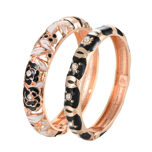 UJOY Womens Multi-Colors Cloisonne Bracelet Plated Flower Hollowed Enameled Hinged Cuff Bangles Jewelry Gift 88A10-88C09 Black