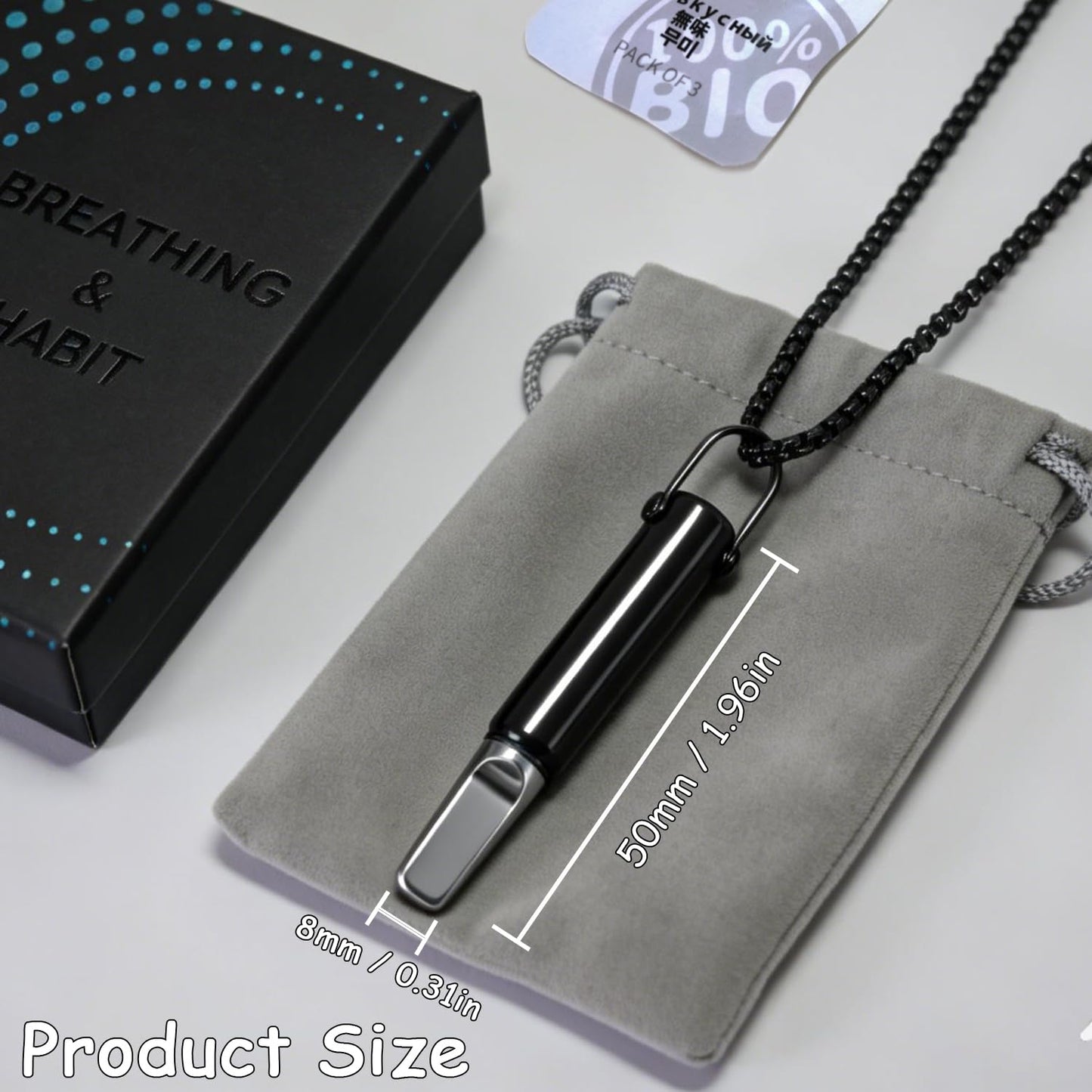 Breathing Necklace to Quit Smoking, Stainless Steel Smokeless Inhaler, Deep Breathing Aid, 3 Unscented Sponge Cores, Portable Velvet Bag, for Yoga, Office, Study, Meditation(Black)