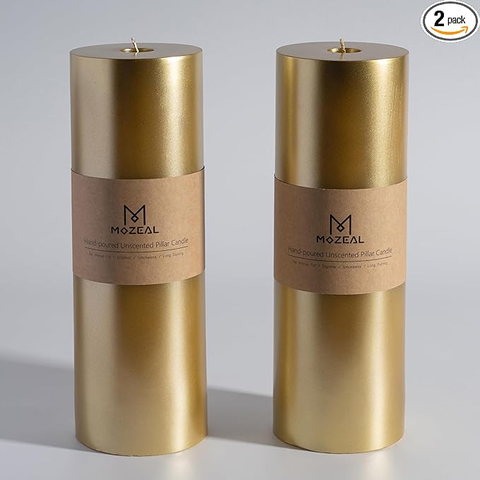 MOZEAL 4" x 12" Extra-Large Gold Pillar Candles (Set of 2), Unscented,Dripless, Smokeless,Long Clean-Burning,These Tall 12 inch Large Gold Pillar Candles Perfect for Weddings and Christmas Decor