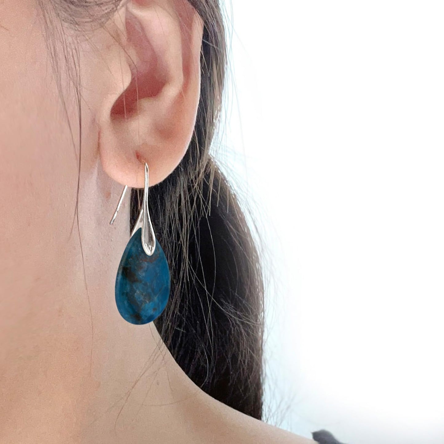 SELOVO Cyan Color Teardrop Stone Dangle Drop Fishhook Earrings Silver Tone