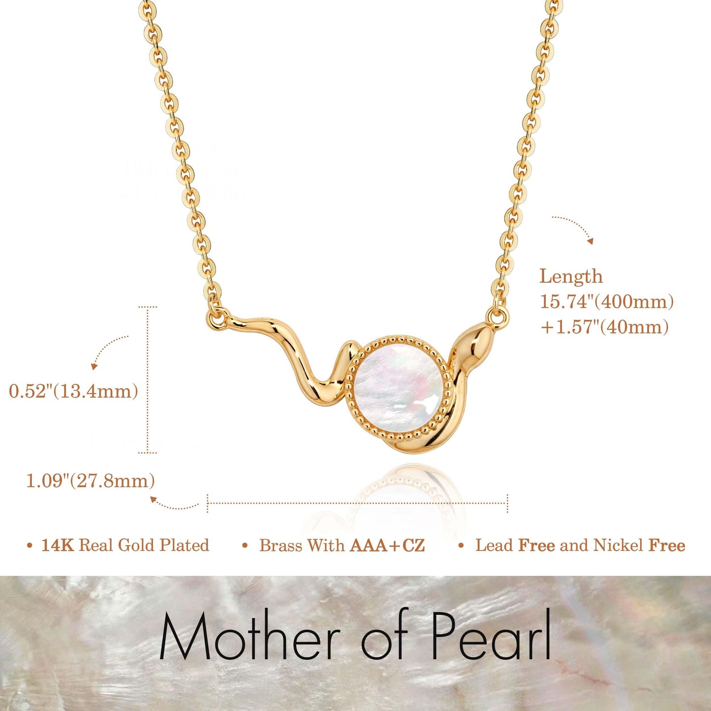 Fettero Dainty MOP Necklaces for Women, 14K Gold Plated Snake Pendant Cute Charm Neclace Delicate Pearl Beach Gold Necklace for Women Jewelry Gift