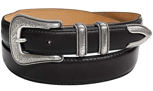 Belts.com Brenton_Genuine Full-Grain Cowhide Leather Dress Belt with Western Silver Plated Buckle Set (Smooth Black, 32)