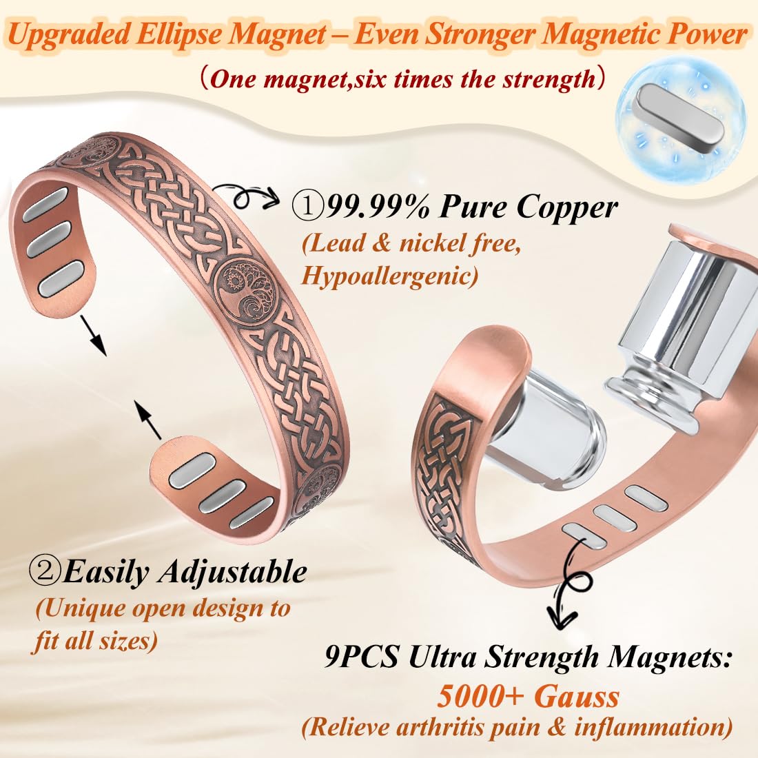 Cigmag Copper Magnetic Bracelet for Men, with Powerful 9X 5000 Gauss Magnets, Adjustable Solid Pure Copper (Sun Moon Life Tree)