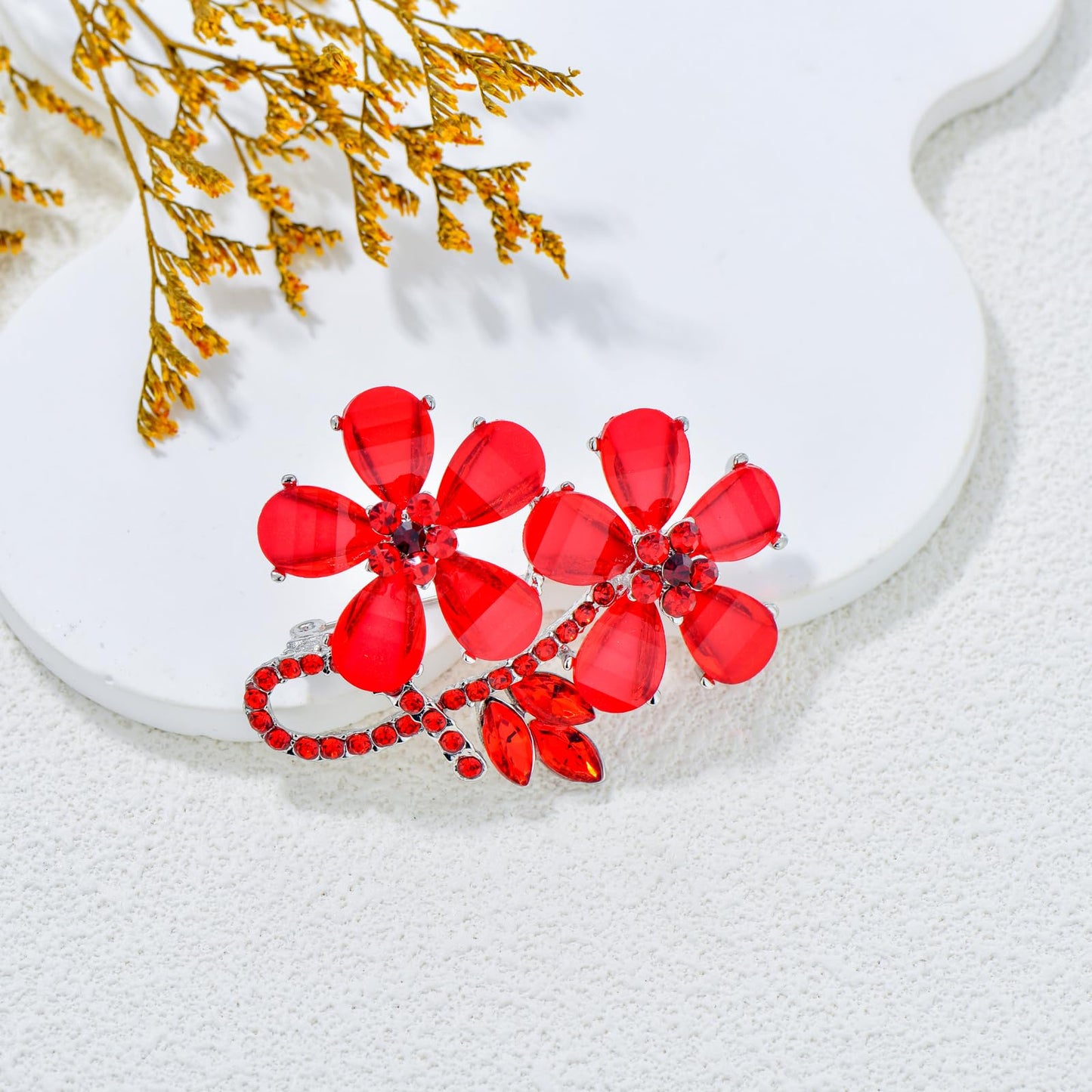 UNVAK Rhinestone Flower Brooch Pin - Red Crystal Lapel Pin Jewelry for Mother's Day & Wedding Gifts