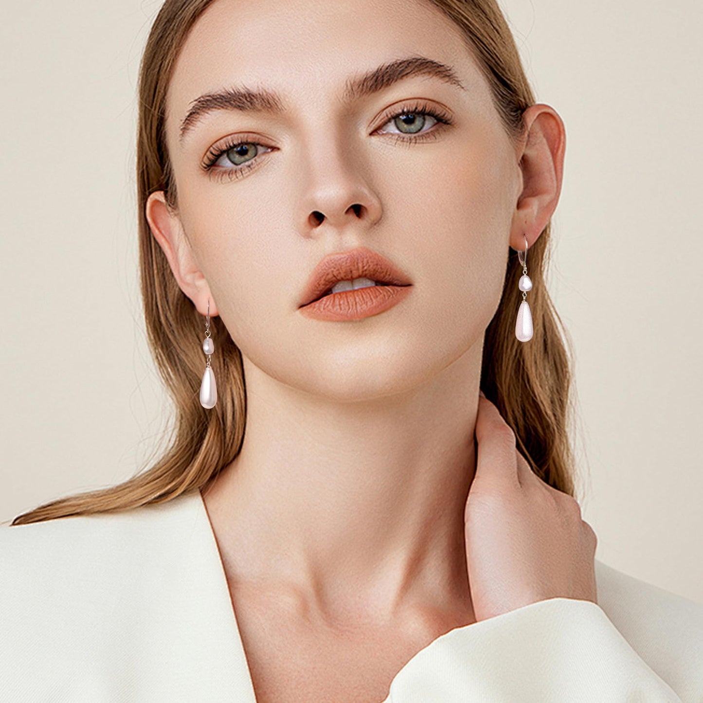 Silver Pearl Dangle Earrings for Women 925 Sterling Silver Double pearl Drop Earrings Leverback Irregular-Pearl Hypoallergenic Earring