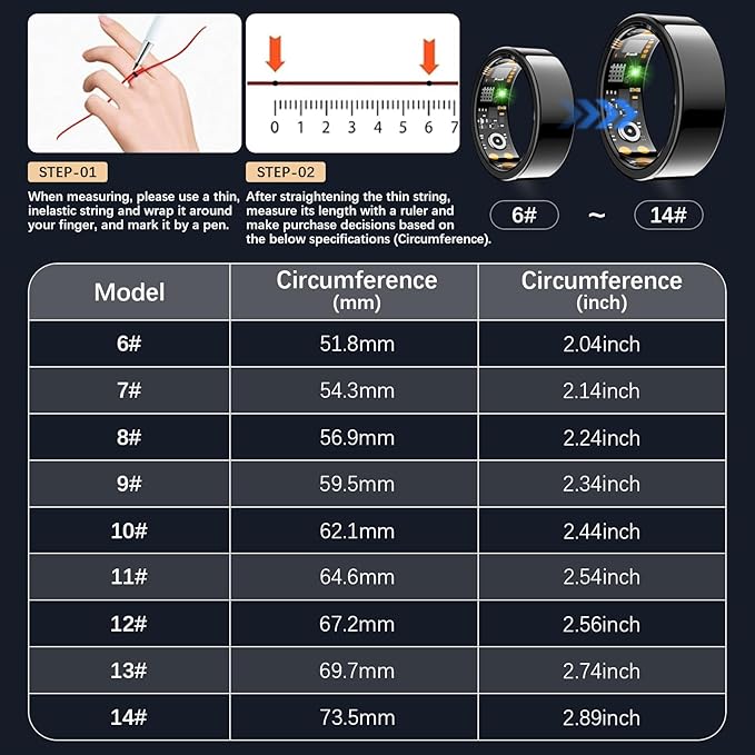 Smart Health Ring for Women Men, Fitness Tracker Ring with Heart Rate, Blood Oxygen, Sleep Tracker, Step Tracker, No Subscription Fee, IP68 Waterproof Smart Ring for iPhone & Android (Black, 6#)