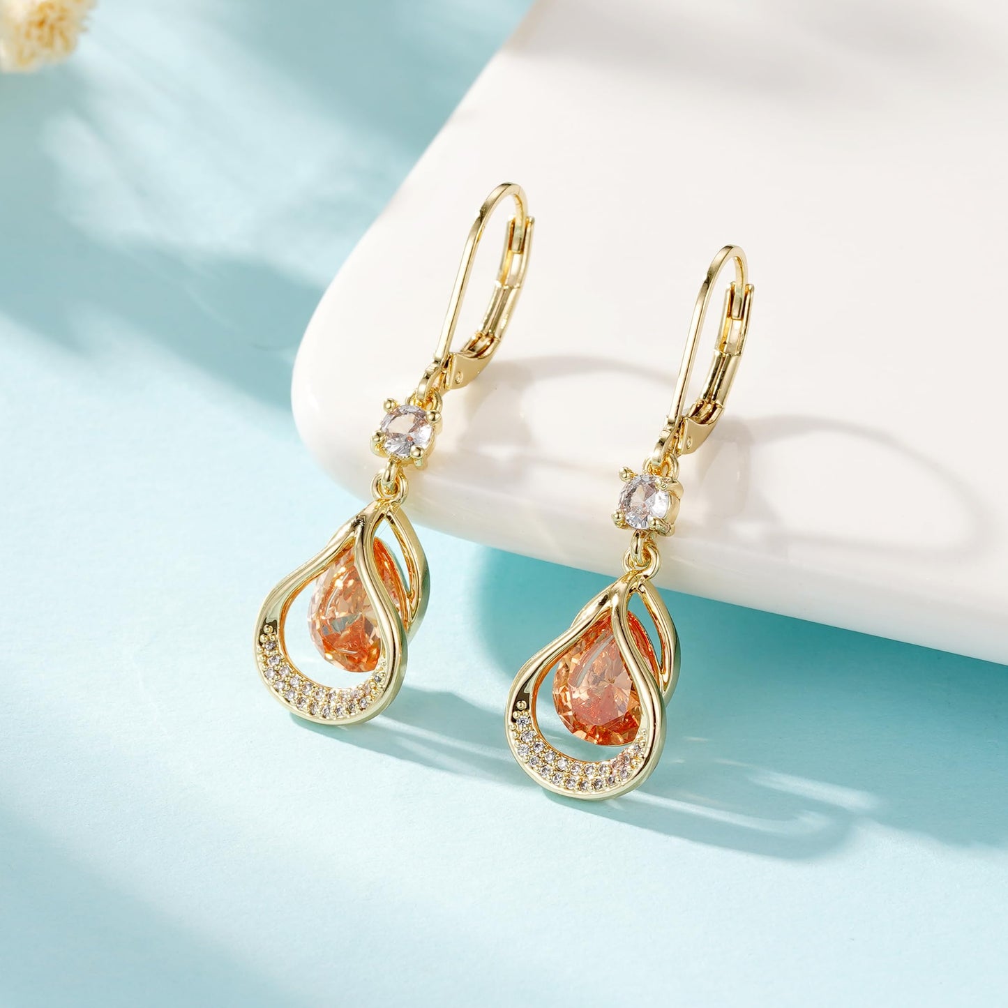 Dangle Trendy Leverback Birthstone Earrings 14K Gold Plated Teardrop Dangle Earrings Jewelry Christmas Birthday Gifts for Women (Gold November)