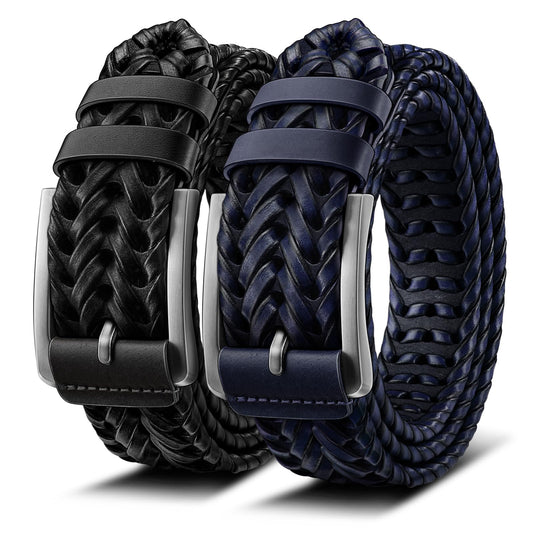BULLIANT Men Belt, Braided Leather Belt Adjustable For Men Casual Jeans Golf 1 3/8"(Black/Blue,26"-30" Waist Adjustable)