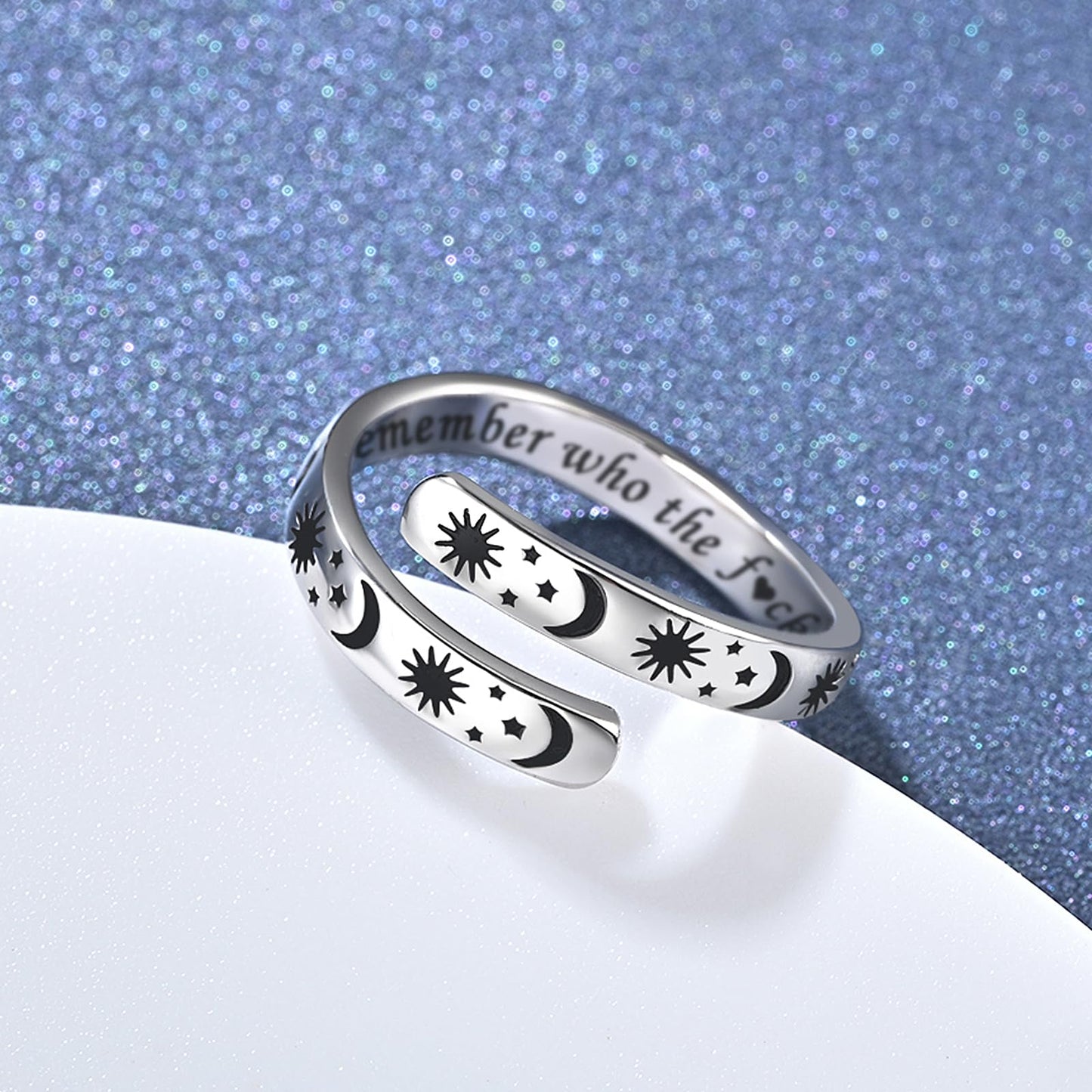 925 Sterling Silver Inspirational Jewelry Adjustable Wrap Open Ring Encouragement Gift for Women (Sun & Moon - Remember who the f♡ck you are)