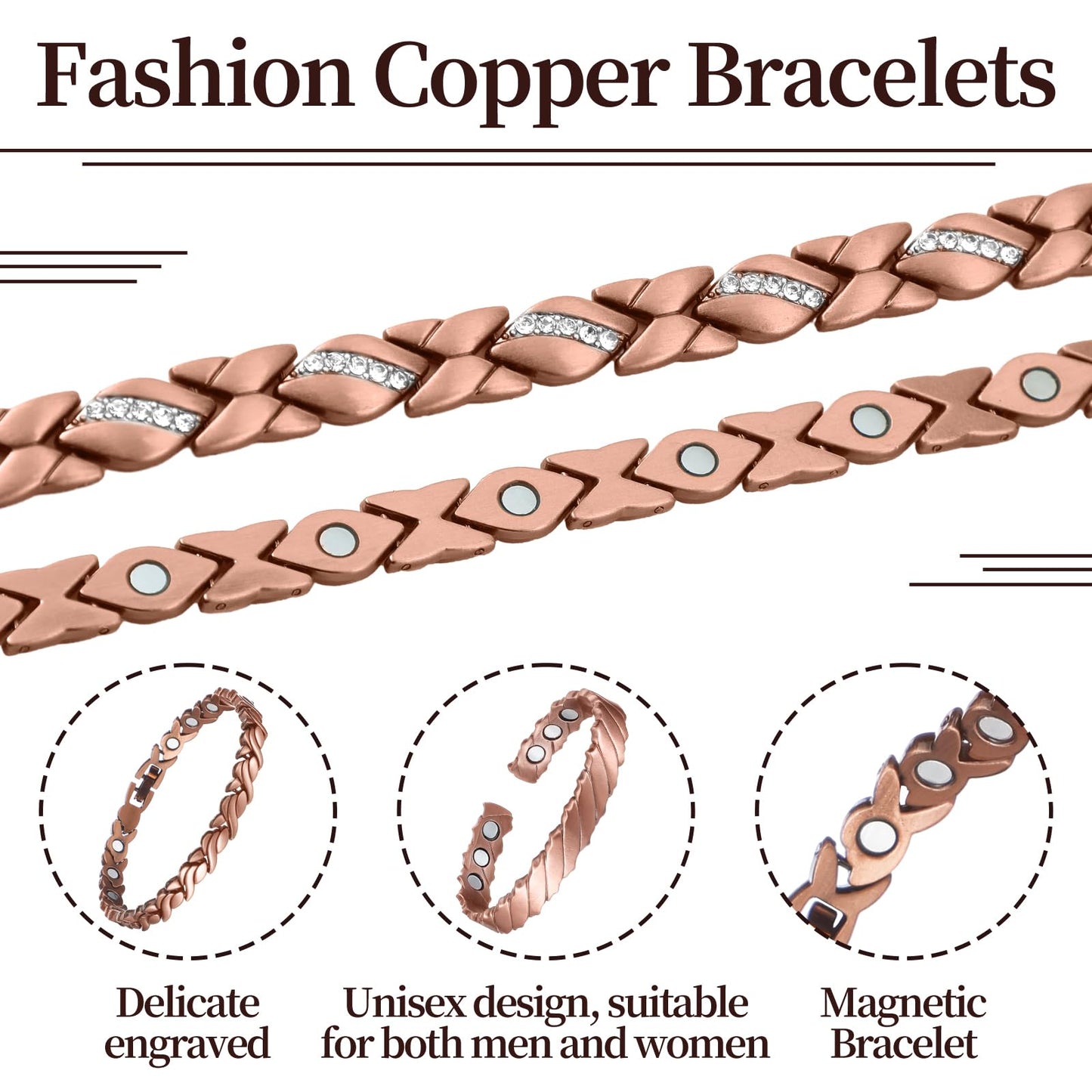 Misdary 3 Pcs Copper Magnetic Bracelets for Women Ultra Strength Magnetic Bracelet with Magnets Natural Stones Adjustable Jewelry Gift (Crystals)