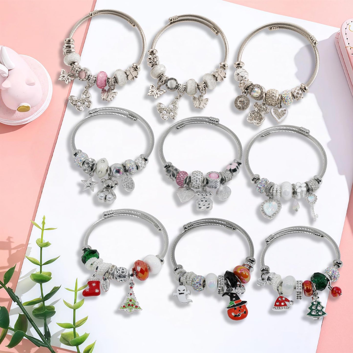 Silver Women Bracelets - Adjustable Charm Bracelets for Women Birthday Gifts Favors Titanium Steel Bracelet Bundle Jewelry Kit (I: Pumpkin - Ghost)