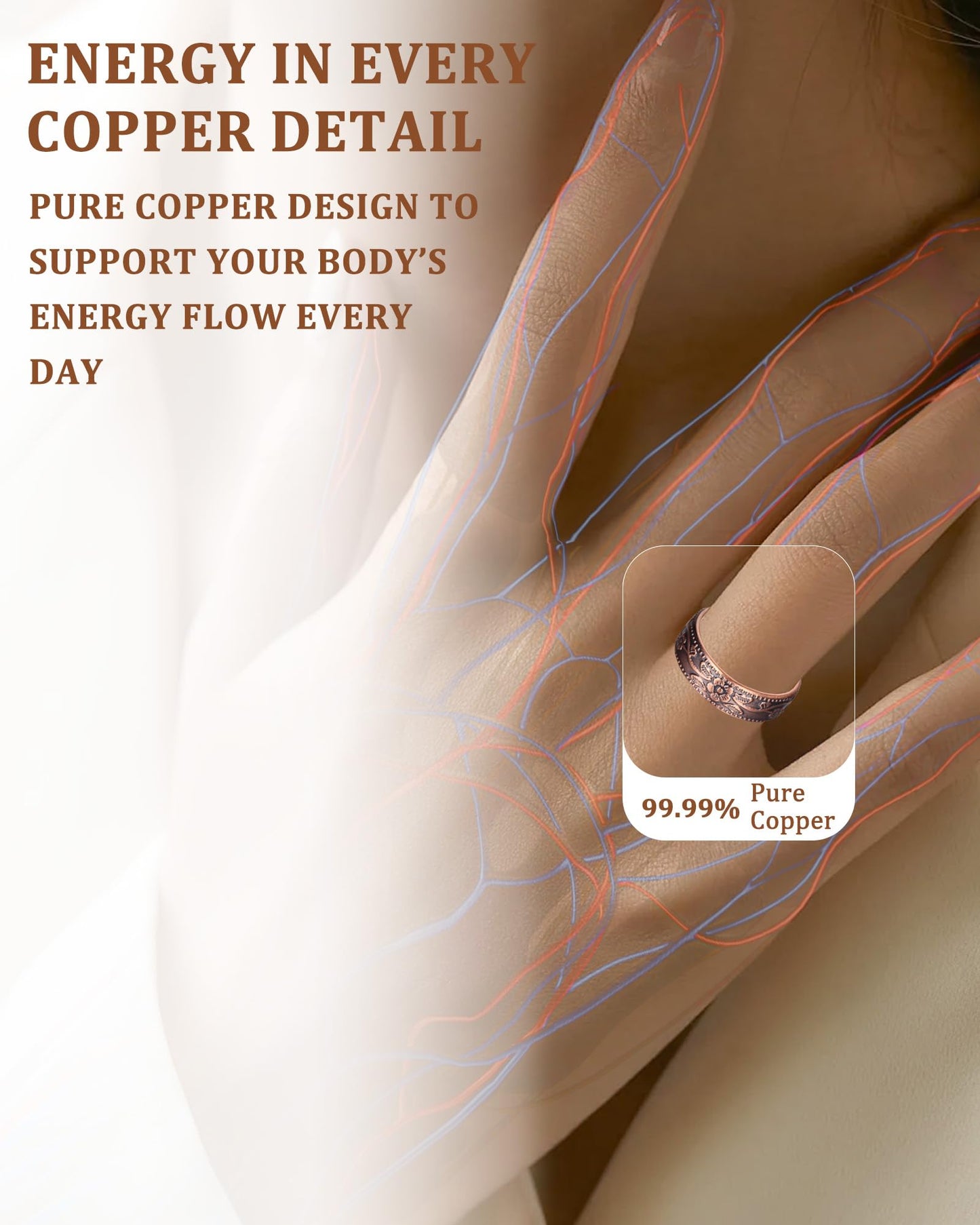 Fashtour 100% Pure Copper Rings for Women & Men (Two-Pack) — Solid Raw Copper — Uncoated Handmade Adjustable Open-End Tibetan Style Rings (Floral)