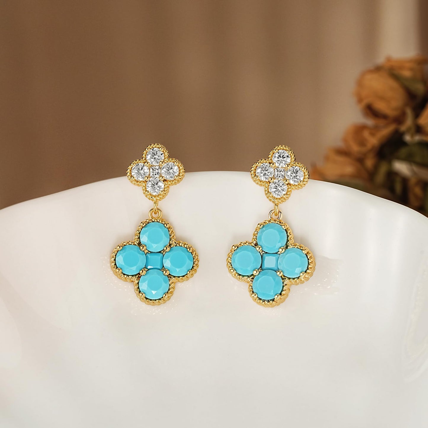 MTMY Dangle Earrings for Women 14K Gold Plated Four Leaf Clover Dangling Drop Birthstone Stud Earrings Trendy Flower Birthstone Jewelry Birthday Gifts(December)