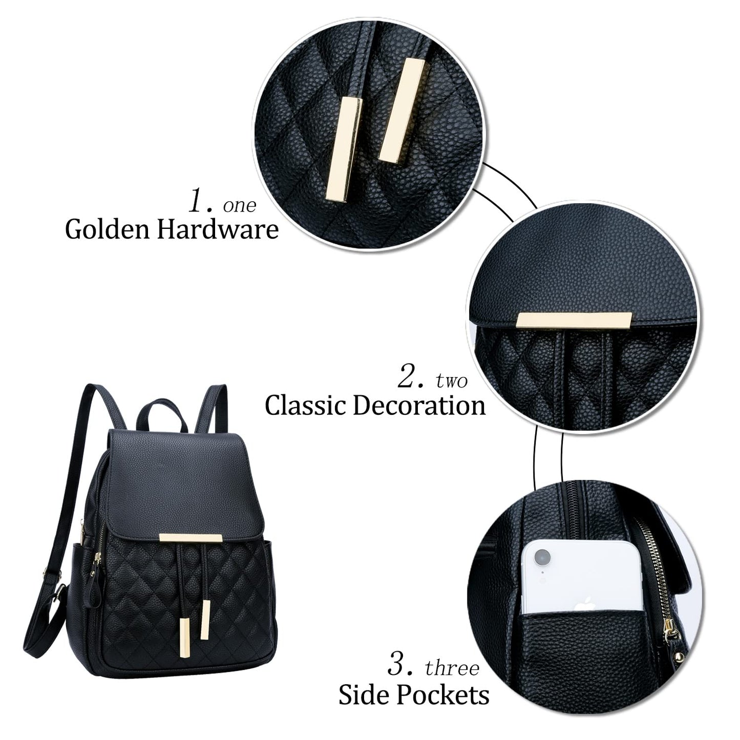 KKXIU Quilted Trendy Leather Backpack Purse for Women and Ladies Shoulder Travel Daypacks Bags with Wristlets(Y-Black)