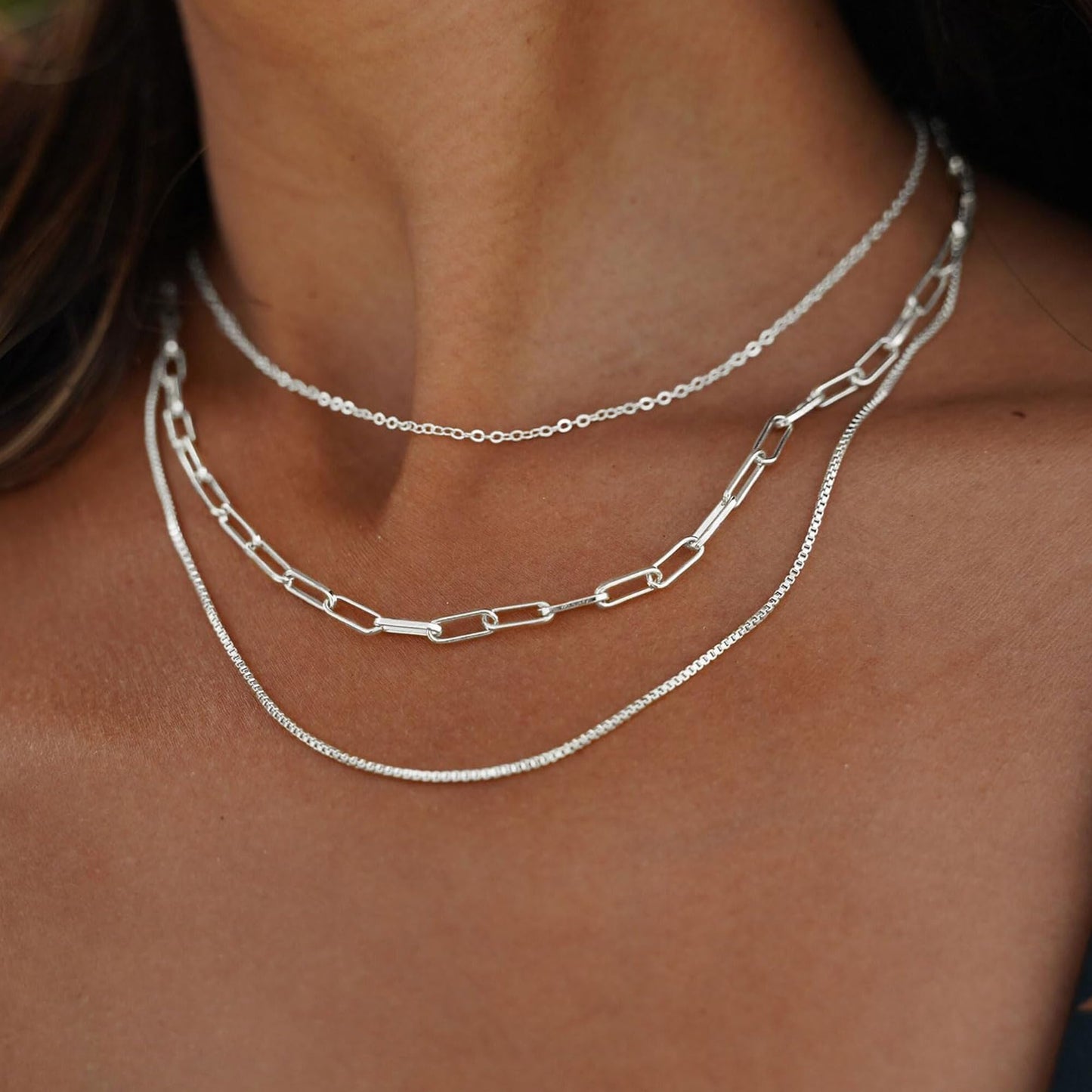 Freekiss Silver Necklace for Women: Layered 14K Silver Plated Necklaces Dainty Paperclip Box Chain Necklace Chunky Choker Necklace Set Silver Jewelry for Women Gifts