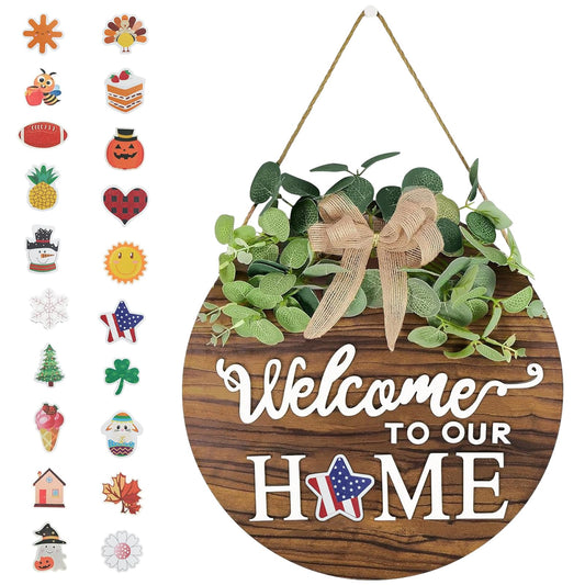 Interchangeable Seasonal Welcome Sign Front Door Decoration Rustic Round Wood Wreaths Wall Hanging Outdoor Decor Porch Fence for Spring Summer 4th of july Decorations All Seasons Holiday Bless This Home