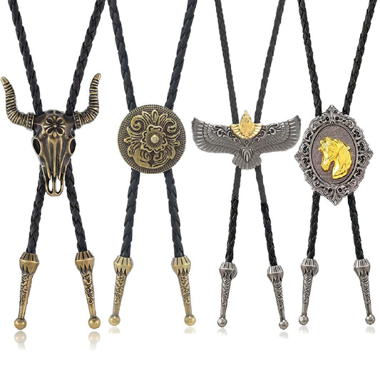 Daoofukeji 4Pcs Western Cowboy Bolo Tie for Men - Retro Engraved Alloy Pendant & Braided Leather Rope Necktie,Cowboy Ties Necklace Perfect for Daily Wear, Cosplay, Party, and Holiday Gifts