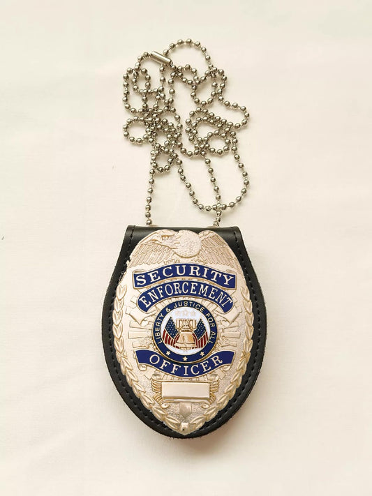 Universal Police Badge Holder – Oval Security Guard Leather Case with Steel Belt Clip, Hook & Loop Closure, and Stainless Steel Bead Chain- Uniform Security Guard (Badge + Holder 02)