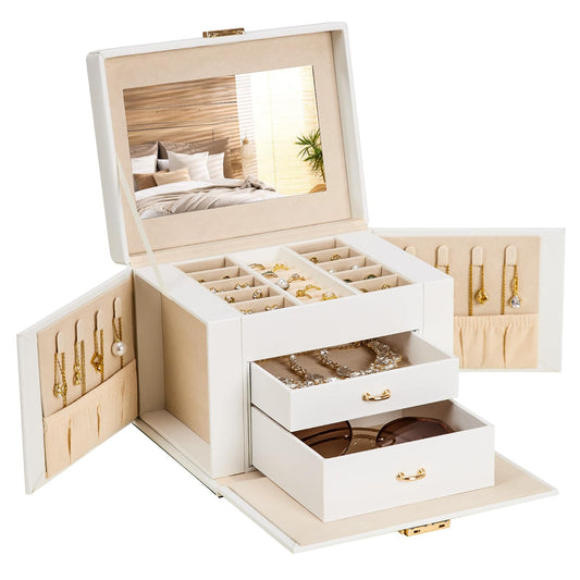 Homde Mothers Day Gifts Girls Jewelry Box with Lock: 3 Layer Organizer with Mirror - Necklace Ring Earring Storage for Dresser - Women Gifts for Birthday & Return (White)