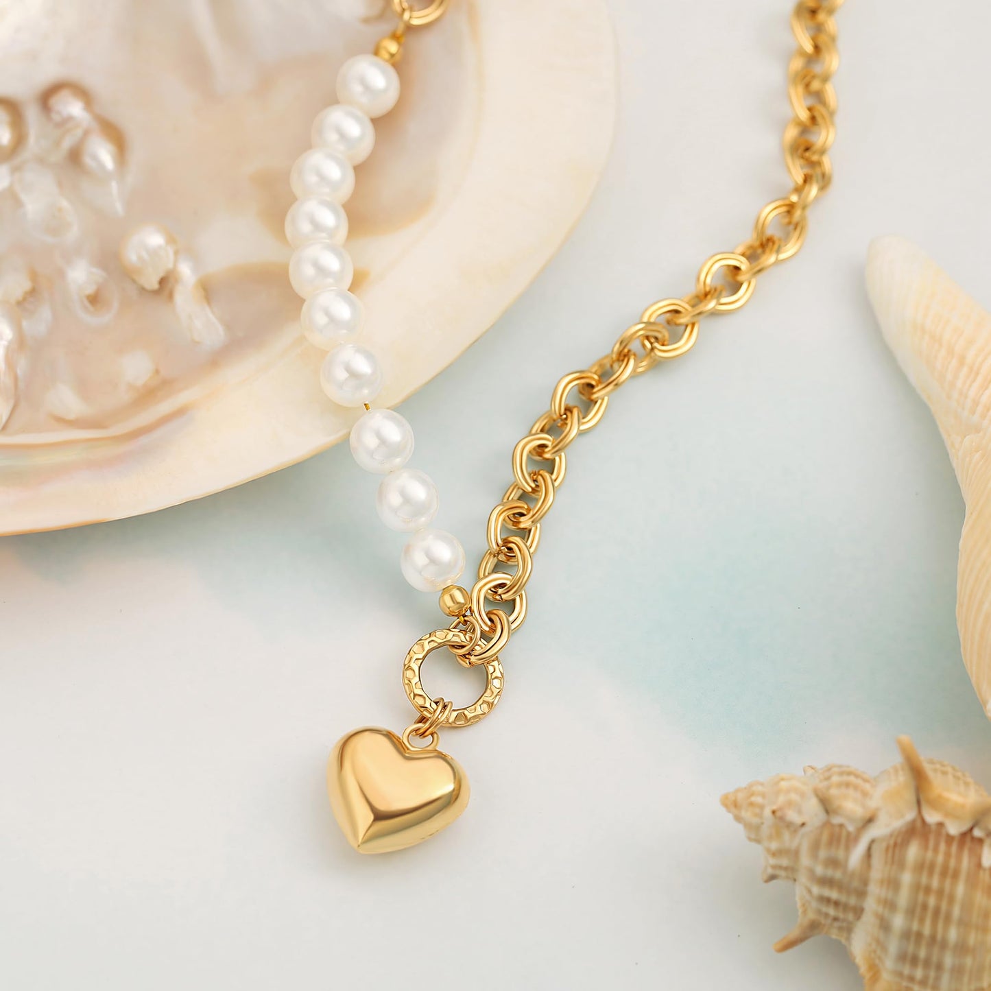 CANEVINKA 18K Gold Plated Dainty Pearl Chain Choker Necklace Puffy Heart Pendant Jewelry Gifts for Women