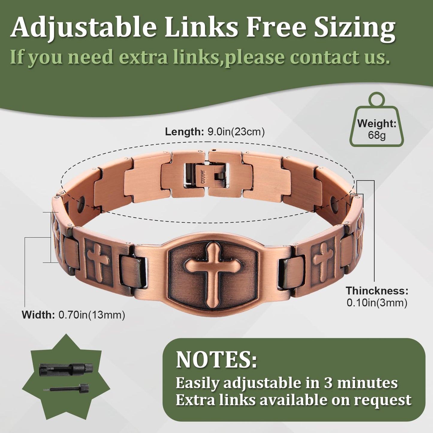 Fashtour Copper Bracelet for Men 99.99% Pure Copper Cross Bracelet Magnetic Chain Link Bracelet Memorial Day Gift Christian Adjustable Jewelry