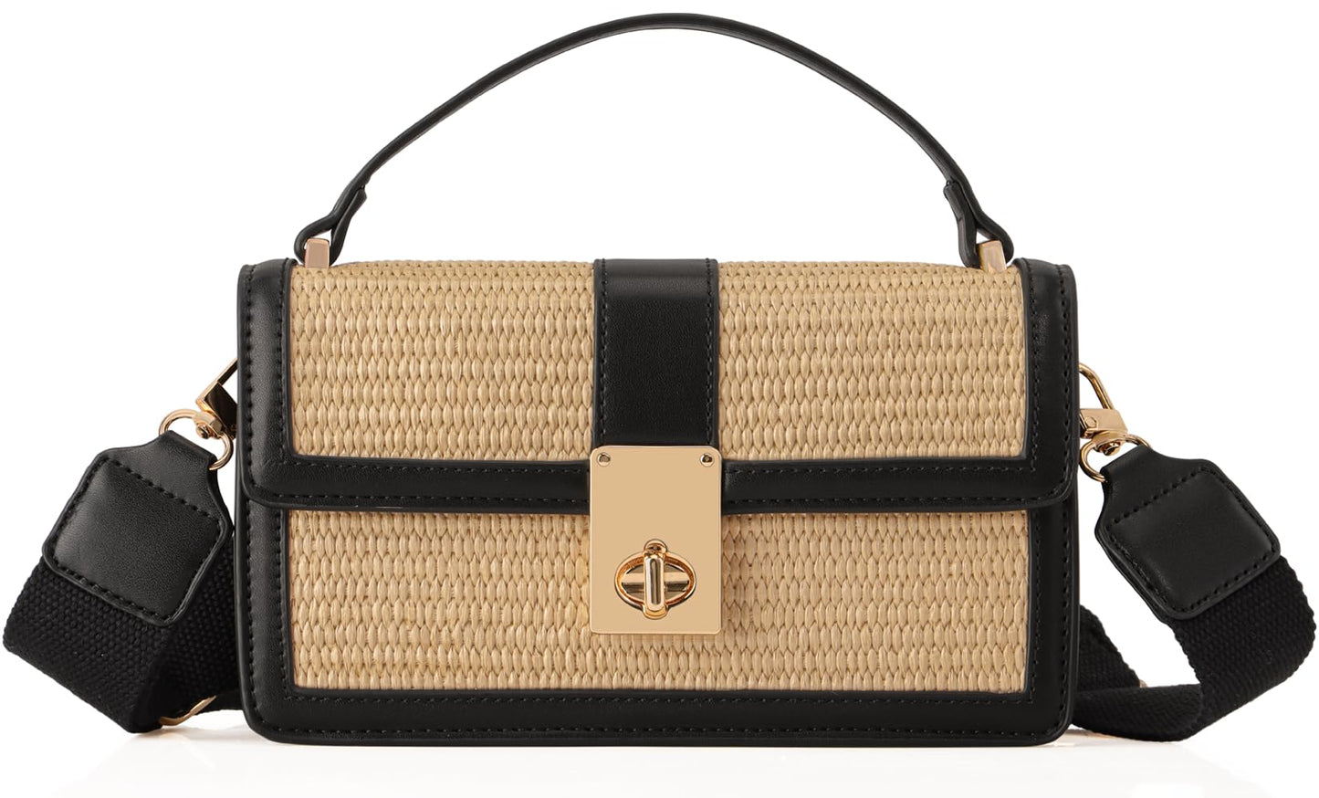 MOJISOLO Straw Crossbody Bag for Women Top Handle PU Leather Shoulder Purse with Adjustable Strap Black