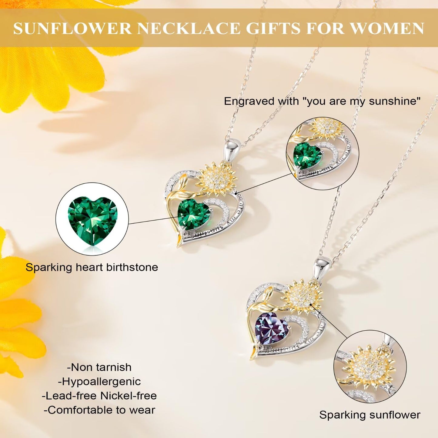 Iefil Sunflower Gifts for Women - Sunflower Necklace Gifts for Wife May Simulated Emerald Necklace Anniversary Mothers Day Jewelry Gift