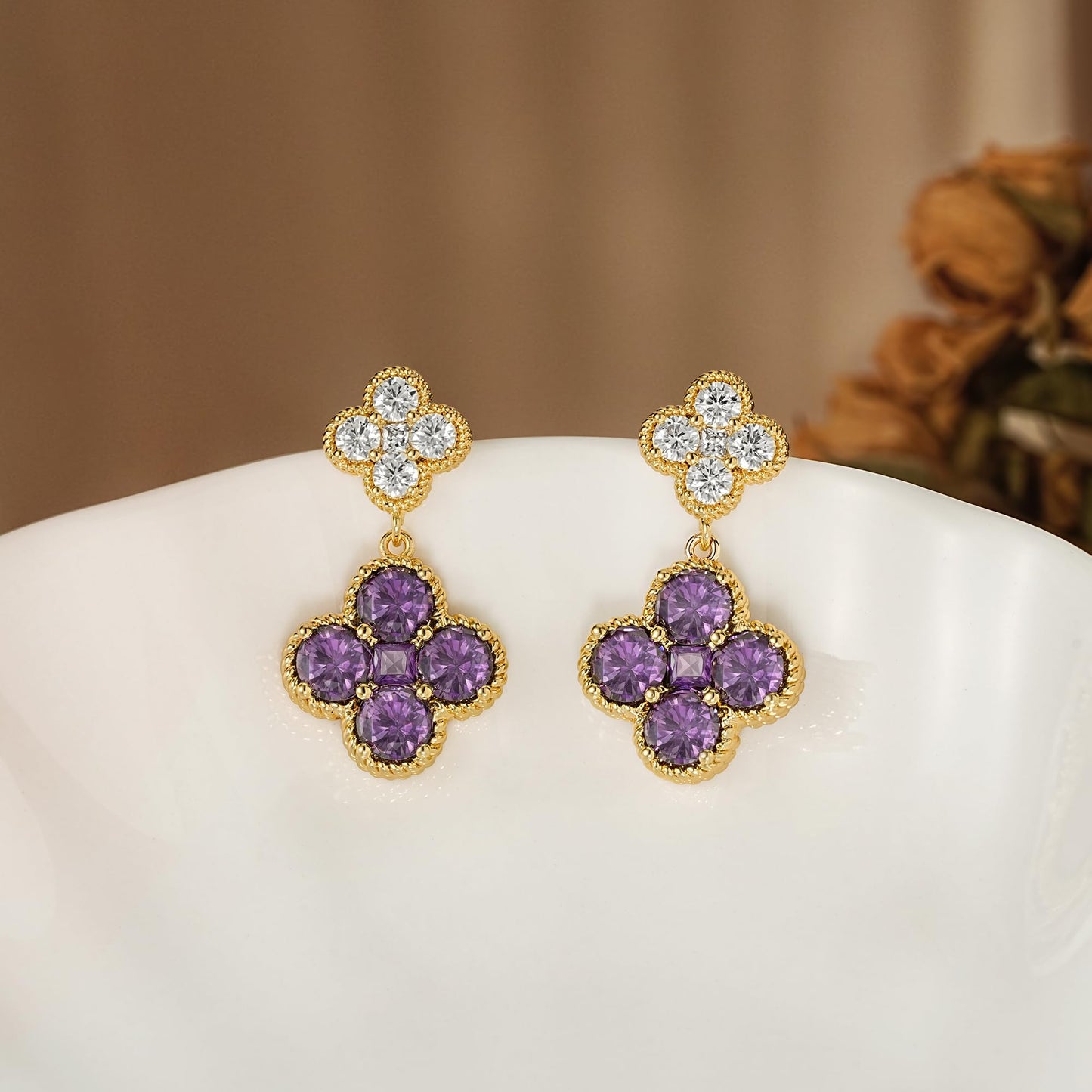 MTMY Dangle Earrings for Women 14K Gold Plated Four Leaf Clover Dangling Drop Birthstone Stud Earrings Trendy Flower Birthstone Jewelry Birthday Gifts(February)