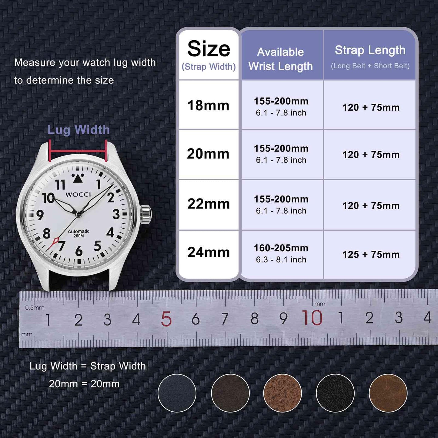 WOCCI 20mm Watch Band, Pull Up Leather, Polished Silver Buckle (Midnight Blue)