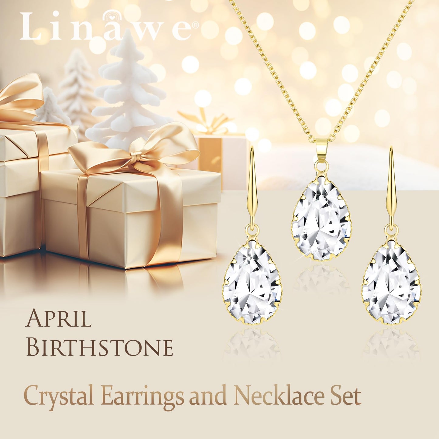 Linawe Wedding Jewelry Sets for Brides Bridesmaid, Crystal Imitation Diamond Pendant Necklace Set, Gold Drop Dangle Earring Set, Rhinestone Cubic Zirconia Birthstone Teardrop Matching Jewelry