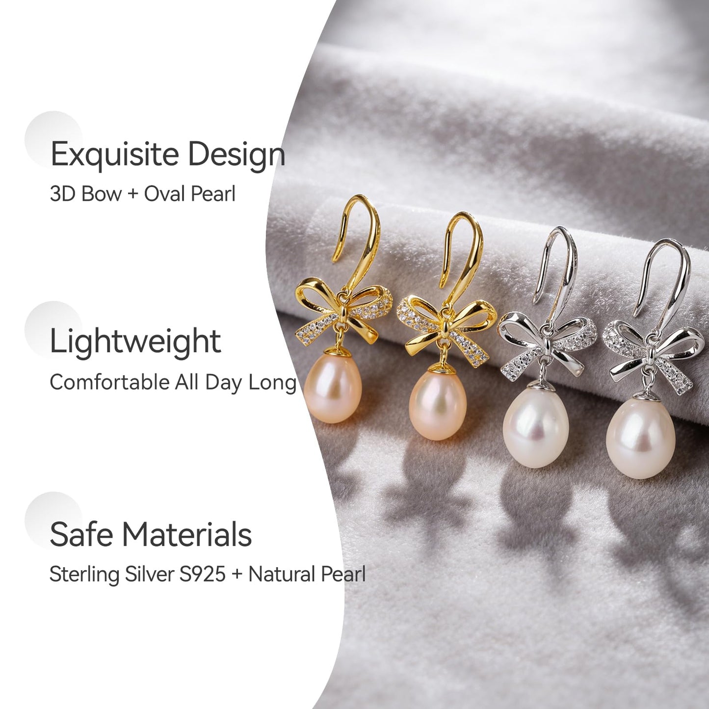 Pearl Drop Earrings for Women, Gold Plated & 925 Sterling Silver, Pink & White Dangle Earrings, Dainty Cute Elegant Bridal Wedding Gift for Her