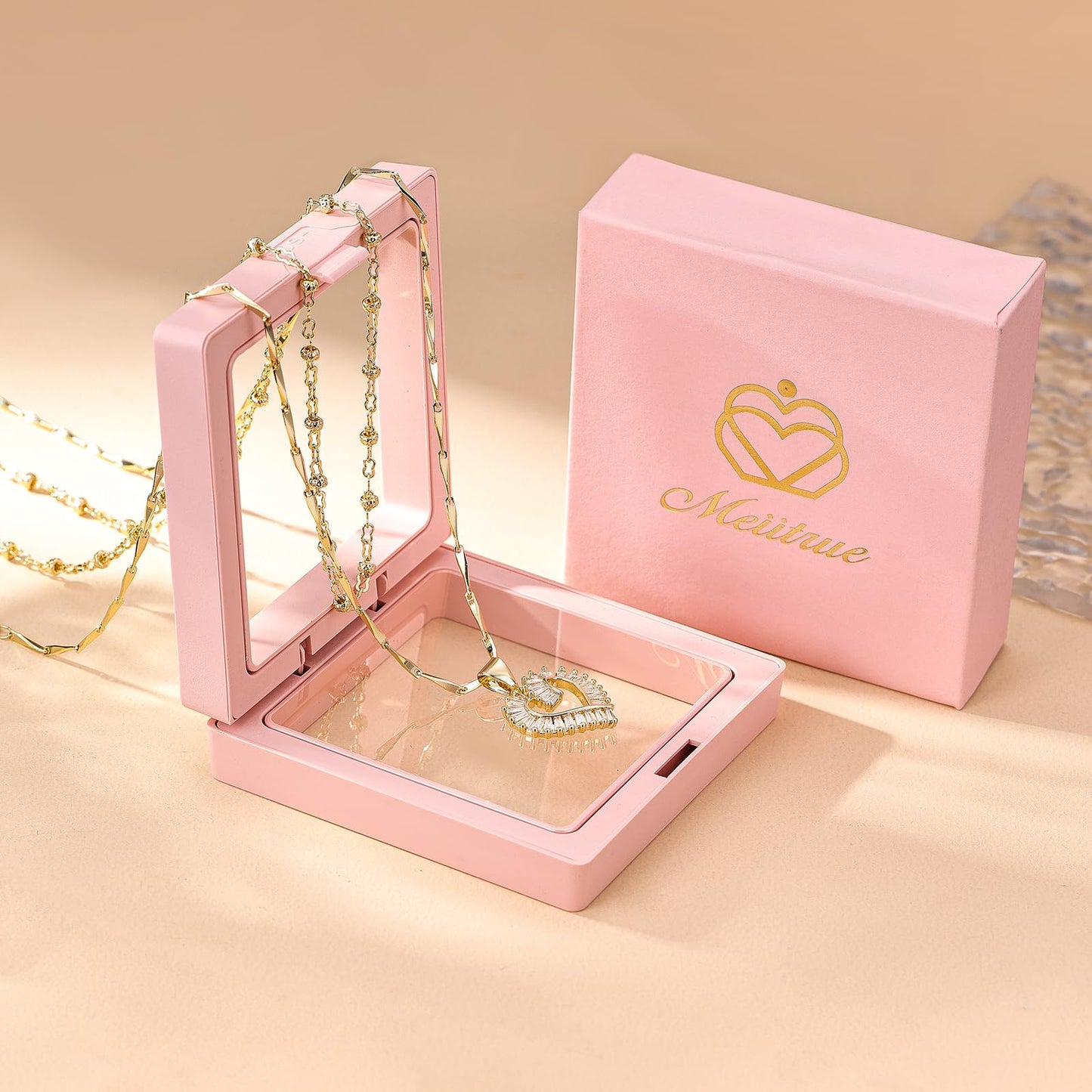 MEIITRUE Heart Necklaces for Women Trendy 14k Gold Plated Dainty Layered Necklace Set Cubic Zirconia Pendant Choker Personalized Beaded Chain Stackable Jewelry Gift