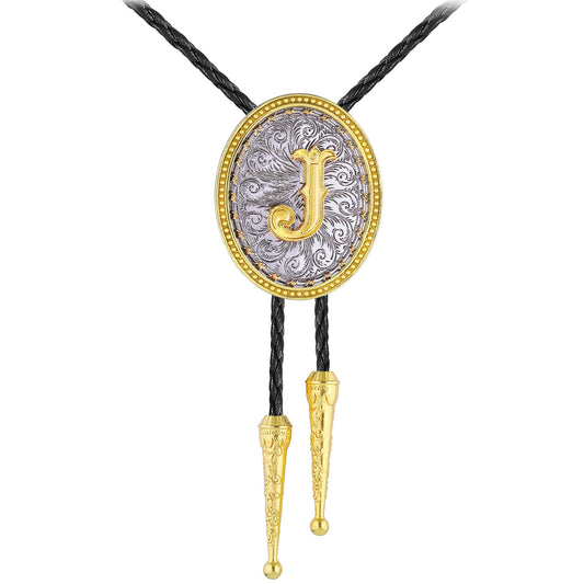 GelConnie Gold Bolo Tie Cowboy Necklace for Men Leather Rodeo Necktie Initial Letter ABCDMJR to Z Western Bolo Tie Texas Style Jewelry