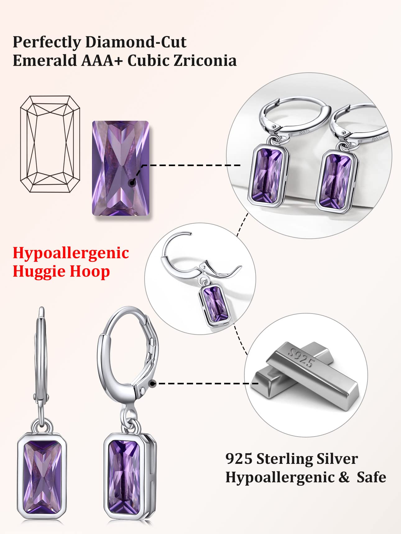 Bestyle Created Alexandrite Purple Drop Birthstone Earrings for Women - Baguette Earrings Small Silver Dangle Hoop Earrings for Women - Dainty Cute Earrings for Birthday Wedding Party