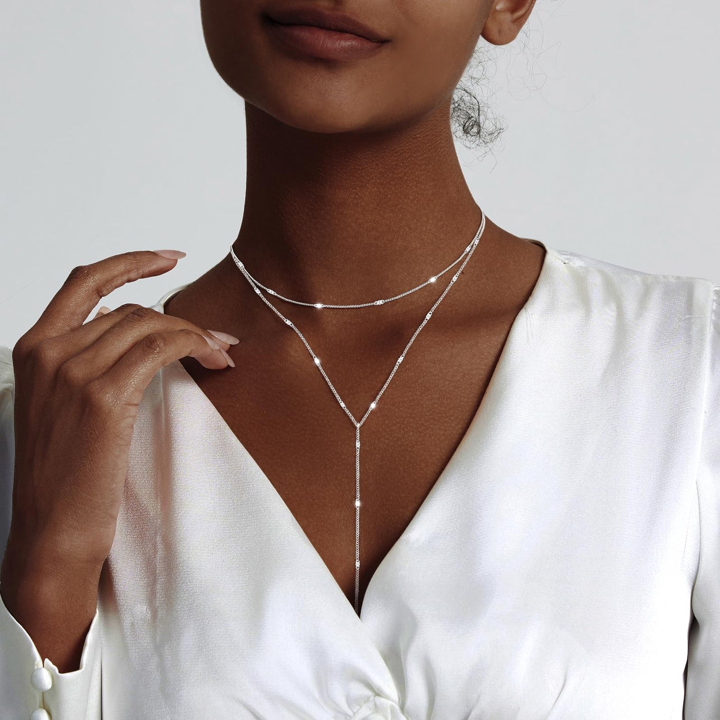 Luxval Silver Necklace for Women Dainty 14K Silver Plated Layered Necklaces for Women Trendy Lariat Beaded Long Necklace Simple Jewelry Gifts