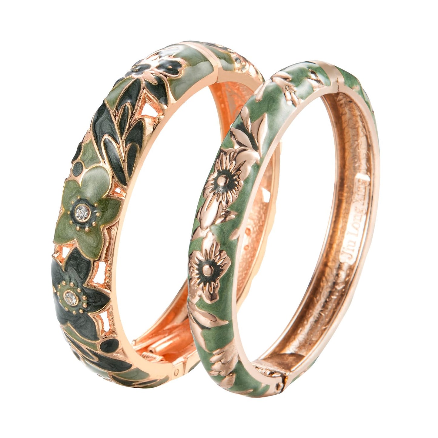 UJOY Cloisonne Bangle Colorful Enamel Golden Filigree Flower Hollowed Crystal Bracelet for Women Gifts 88A11-55A103 Green