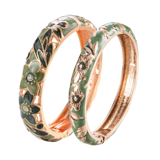 UJOY Cloisonne Bangle Colorful Enamel Golden Filigree Flower Hollowed Crystal Bracelet for Women Gifts 88A11-55A103 Green